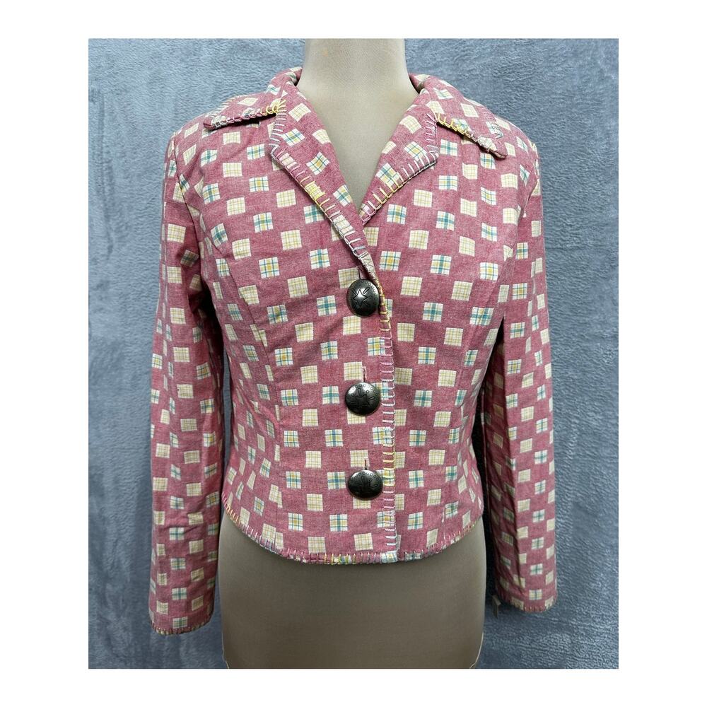 Vintage Pink Western Whipstitch Patchwork Embroidered Blazer Small Cowgirl Retro